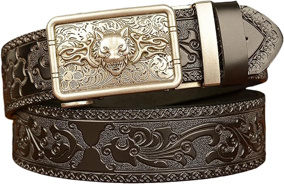 Leather Belt for Men, Mens Belt Ratchet Western Cowboy with Wolf Head Square Alloy Buckle Embossed Belt